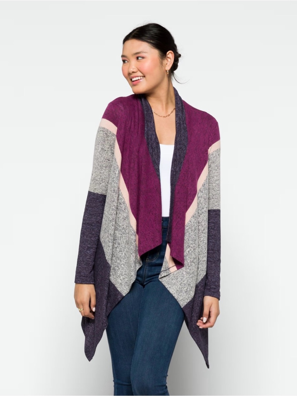 Bobeau Colorblock Draped Open Front Cardigan in Plum, Heather Gray & Navy NWOT